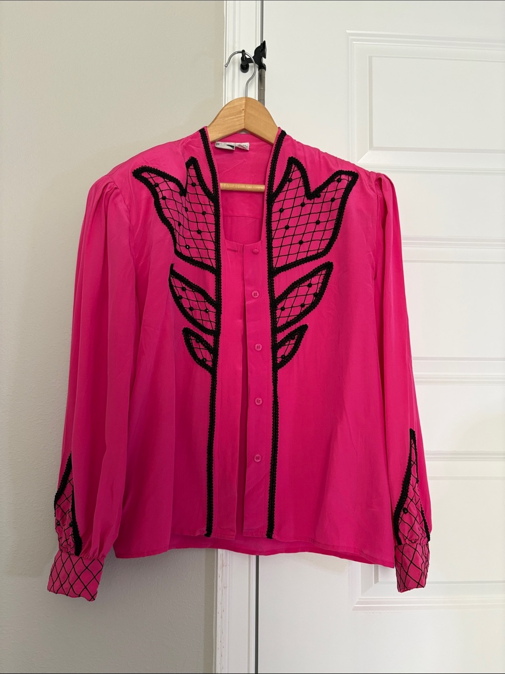 Bellini Hot Pink Button-Front Blouse with Black Embroidery